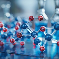 close-up on molecule models and samples, copy space, and exploratory research in pharmaceutical biotechnology.