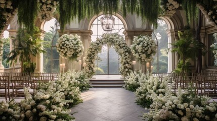 Elegant wedding ceremony amidst lush greenery and floral decor