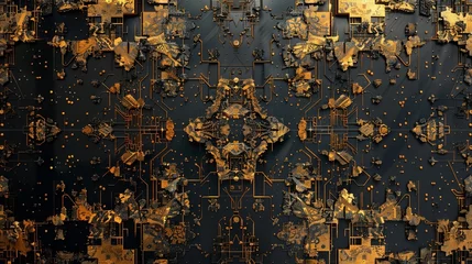 Fototapeten Elegant jigsaw pattern, gold filigree on black, art nouveau style, ornate and glamorous environment , sci-fi tone, technology © Phawika