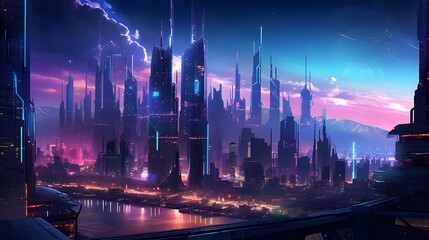Panoramic view of the night city and illuminated skyscrapers