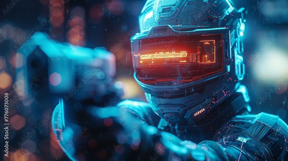 Poster In virtual reality, a computer player fires a gun. The map shows the level of the game. The player gets ready to play in VR shooter. A computer video gamer with virtual reality glasses and virtual