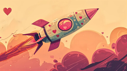 A whimsical illustration of a rocket adorned with hearts soaring through a warm, heart-filled sky, representing love and adventure.
