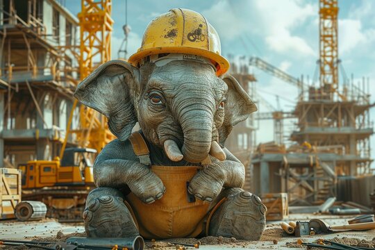 Elephant Engineer, an elephant dressed in overalls and a hard hat, overseeing a construction site , hyper realistic