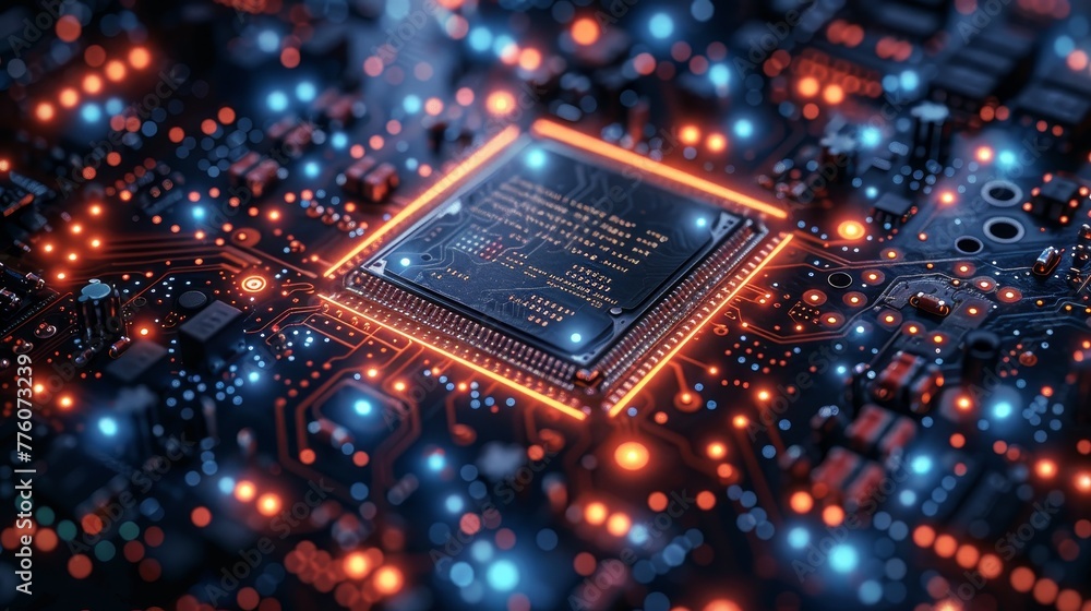 Aufkleber An optical computer processes light signals. A glowing quantum computer. A laser ray signal transmits digital signals in a chip or processor. Abstract technology background.