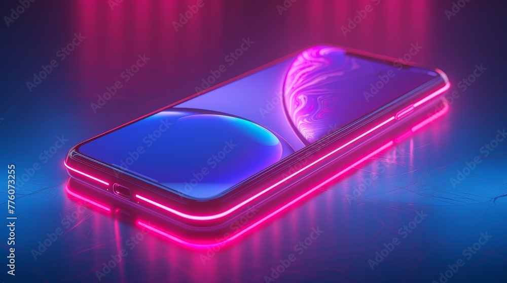 Poster A phone with an empty screen rests on a table or surface in reflection. A smartphone rests on a desktop. Realistic 3D Isometric illustration of a phone with neon shapes on a neon background. Mock up