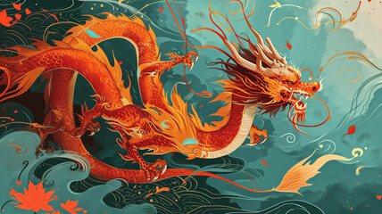 Vivid illustration of a fierce orange dragon coiling amongst swirling teal waters, a blend of power and mythical elegance.
