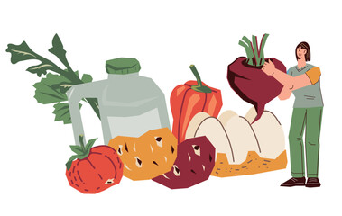 People incorporating vegetables into diet for overall health and wellbeing. Healthy eating concept of banner with cartoon character among fresh food, flat vector illustration isolated on white.