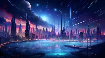 Futuristic city at night. Panoramic view of the city at night.