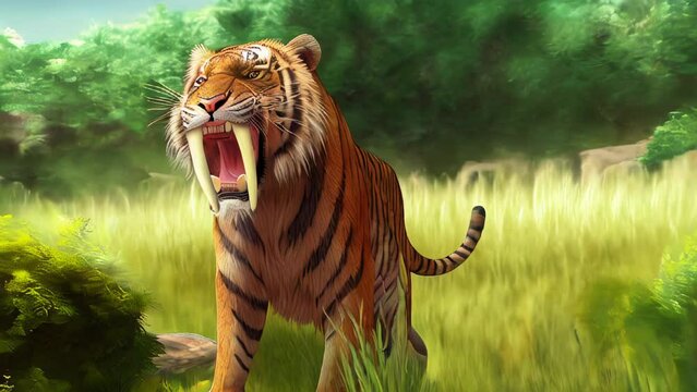 The saber-toothed tiger was an ancient mammal and tiger and cat ancestor that lived in the Americas during the Pleistocene epoch. AI-generated.