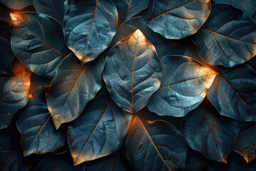 Dark blue leaves with golden light shining through, creating an enchanting and mysterious atmosphere. Created with Ai - obrazy, fototapety, plakaty