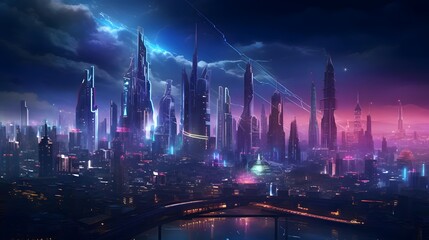 Futuristic city panorama at night with illuminated skyscrapers