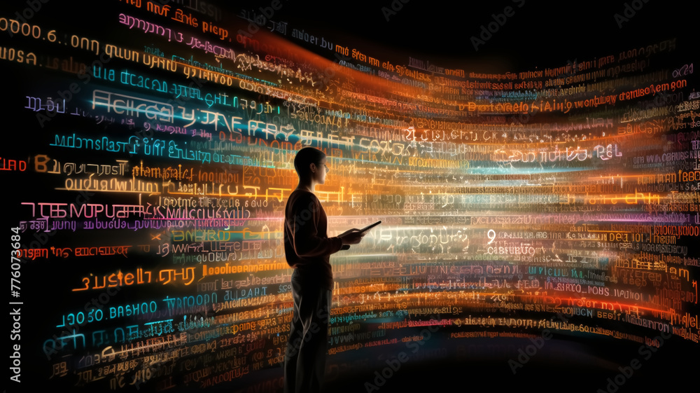 Poster a figure stands immersed in a swirling vortex of colorful digital data streams, symbolizing the inte