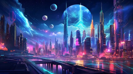 Futuristic city at night with neon lights. Futuristic cityscape. Vector illustration
