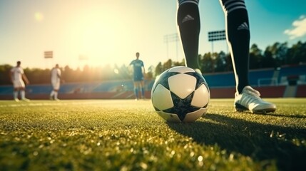 Soccer player steps on soccer ball for kick off in sunny stadium - obrazy, fototapety, plakaty