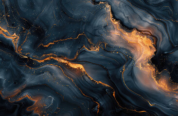 Abstract marble texture with golden veins in dark blue and black colors. Created with Ai