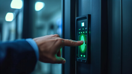 A person in a suit is interacting with a biometric fingerprint scanner for secure access control in a modern office setting.
 - Powered by Adobe