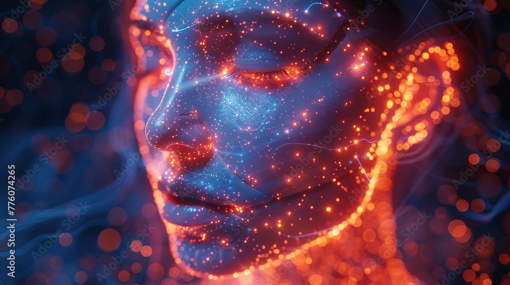 Poster AI. Integrated artificial intelligence technology. Cybernetic brain that communicates with a network, analyzes data, and processes it. Robot or cyborg head. 3d rendering.