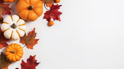 Fall background with orange pumpkins and fall leaves 