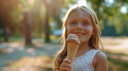 Niña comiendo helado en el parque - obrazy, fototapety, plakaty