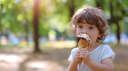 Niña comiendo helado en el parque - obrazy, fototapety, plakaty
