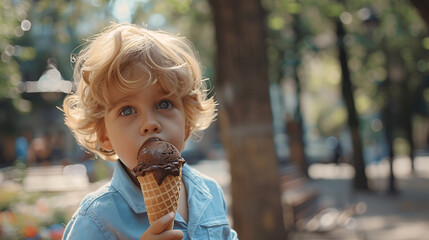 Niño comiendo un helado en el parque - obrazy, fototapety, plakaty