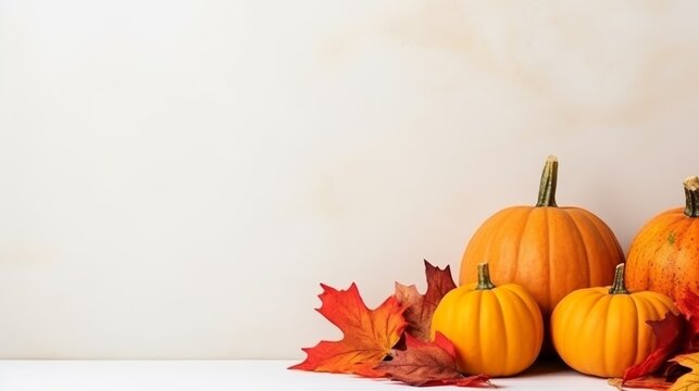 Fall background with orange pumpkins and fall leaves 