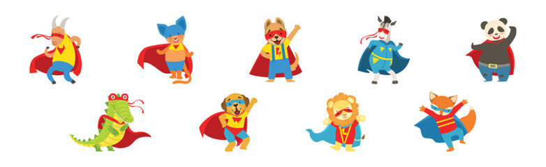 Naklejka premium Animals Dressed As Superheroes with Cape And Mask Vector Set
