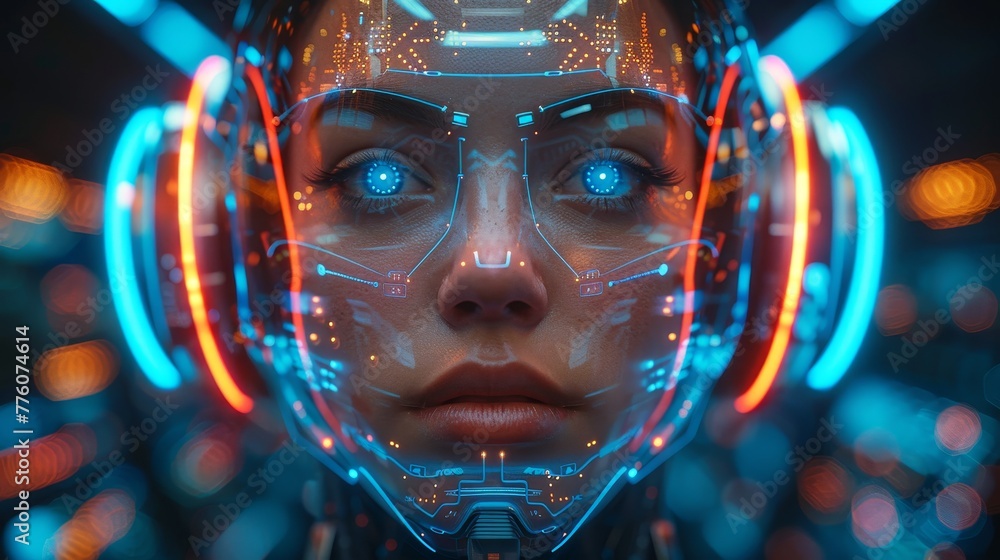 Fototapete Robot hanging over podium looking at virtual dashboard. Supercomputer in image futuristic cyborg head. Machine learning technology, neural networks. 3D rendering.