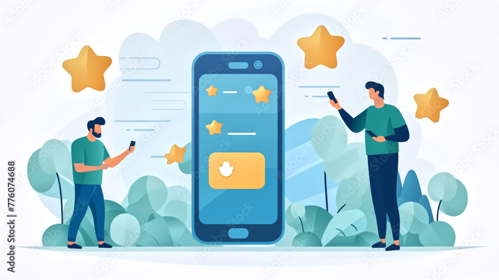 Poster digital illustration depicting users engaging with a mobile app for rating and reviews, highlighting