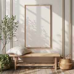 Frame mockup, modern home interior background, wooden bench background, 3D render