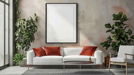 Frame mockup, modern home interior background, living room sofa background, 3D render