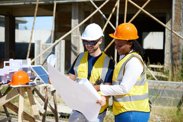 workers or architects reading blueprint paper for building house at construction site