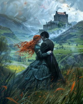 Dibujo de pareja escocesa enamorada con el fondo de un paisaje con un castillo