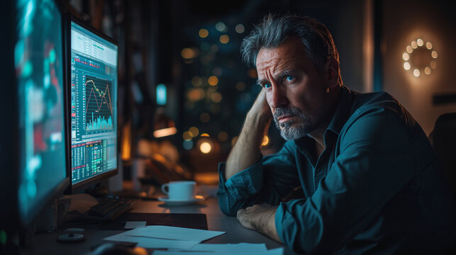 In the dimly lit room, a man sits in front of his computer monitor