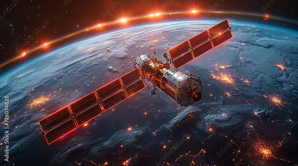 Aufkleber Wireless space signals transmit satellite internet signals to computers. Cloud computing. Telecommunications network technology concept.