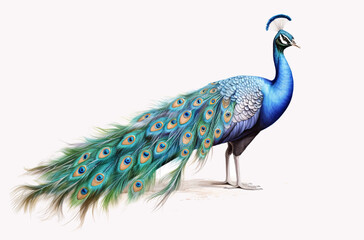 Side profile of a beautiful male peacock. Digital watercolour on a white background.