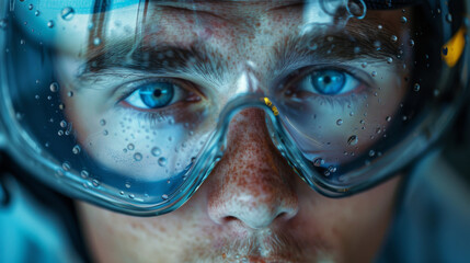 Macro shot of a man's face with blue eyes, focused through a wet goggles lens with water droplets.