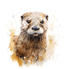 Portrait of an otter isolated on white background. Digital Watercolour painting.