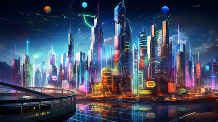Futuristic city at night with neon lights. Futuristic concept