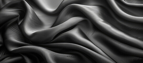 Black silk satin wavy cloth background. Abstract 3d render of silver fabric drapery on dark backdrop. Created with Ai