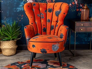 A large orange chair with floral designs sits in front of a desk - 776075010