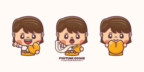 female cartoon character with fortune cookie, vector illustration in outline style