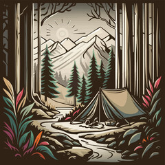 A captivating illustration of a serene mountain morning, featuring a picturesque campsite nestled in a lush, green valley. The scene is framed by towering, snow-capped peaks that stretch into the sky. - obrazy, fototapety, plakaty