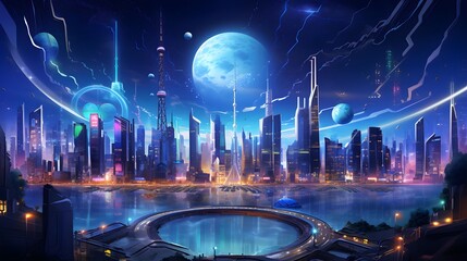 Futuristic city at night. Panoramic view of the modern city at night.