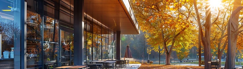 Capturing the serene ambiance of a contemporary café amidst autumn foliage, bathed in sunlight, devoid of human presence - obrazy, fototapety, plakaty