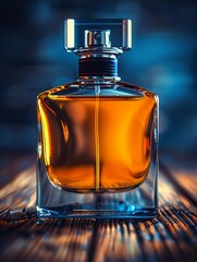 A bottle of cologne is sitting on a wooden table - 776075612
