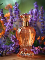 A bottle of perfume is sitting on a table next to purple flowers - 776075640