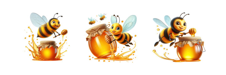 Set of happy bee flying with a brimful jar of delicious honey, illustration, isolated over on transparent white background - obrazy, fototapety, plakaty