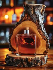 A bottle of liquor is displayed on a wooden platform - 776075694