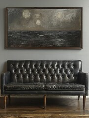 A black leather couch is in front of a framed painting of a stormy sea - 776075805